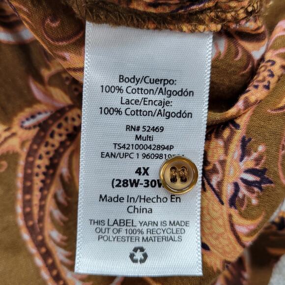 Terra & Sky Womens Blouse Size 4X Brown Paisley Print Ladder Trim Ruffle Peasant - Picture 7 of 11